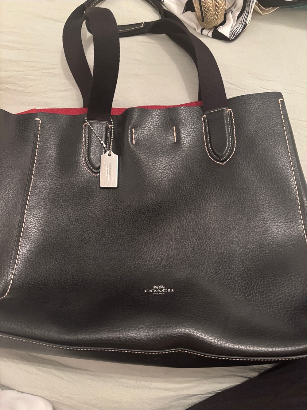 Coach Black Leather Tote with Red Interior Trim